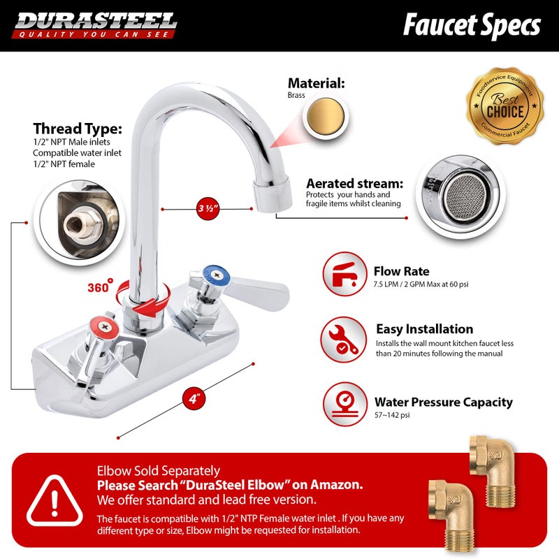 DuraSteel Commercial Hand Sink Faucet - Wall Mount Sink Faucet 4 Inch Center for Kitchen Small Sinks - 3-1/2 Gooseneck Spout Lever Handle - 2 Hole Wet Bar Faucets Laundry Tub Restaurant Utility Room - Image 5